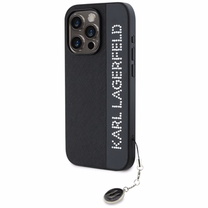 Karl Lagerfeld Saffiano ar rhinestones un šarma viedtālruņa apvalks iPhone 15 Pro Max - melns