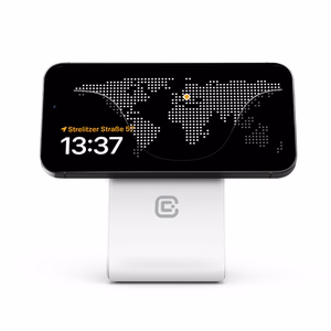 Crong MagSpot Stand 2 vienā bezvadu lādētājs iPhone un AirPods ierīcēm, saderīgs ar MagSafe, balts