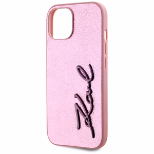 Karl Lagerfeld Wrinkled Metal Signature viedtālruņa apvalks iPhone 15 - rozā