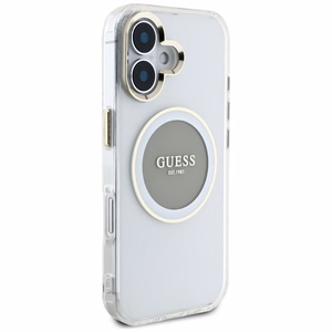 Guess IML Metal Colored Circle Classic Logo Magnētiskais viedtālruņa apvalks iPhone 16 - pelēks