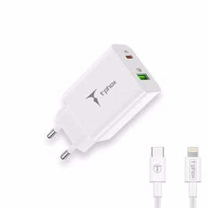 SIENAS LĀDĒTĀJS T-PHOX SPEEDY USB-C 20W/USB 18W PD QC + KABELIS LIGHTNING 1M BALTS