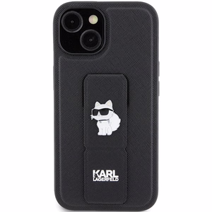 Karl Lagerfeld Gripstand Saffiano Choupette Pins viedtālruņa apvalks iPhone 15 - melns