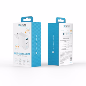 Forever TC-06-65AC GaN PD QC lādētājs 1x USB-C 1x USB 65W balts