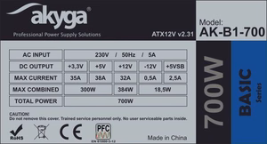 Akyga AK-B1-700 barošanas bloks 700 W 20+4 pin ATX ATX pelēks