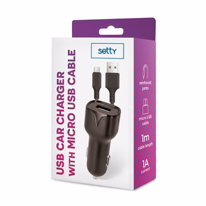 Setty automašīnas lādētājs 1x USB 1A melns + microUSB kabelis 1,0 m JAUNS