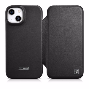 iCarer CE Premium ādas folio vāciņš iPhone 14 Plus ar MagSafe magnētisku flip vāciņu - melnā krāsā
