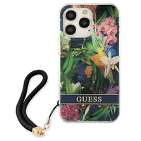 Guess GUHCP13XHFLSB iPhone 13 Pro Max 6.7" zils cietais viedtālruņa apvalks ar ziedu siksniņu