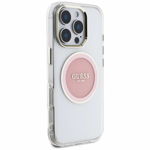 Guess IML Metal Colored Circle Classic Logo Magnētiskais viedtālruņa apvalks iPhone 16 Pro - rozā