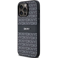 DKNY Ādas mono svītra un metāla logotips viedtālruņa apvalks iPhone 14 Pro Max - melns