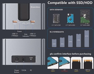 Dual Bay dokstacija, M.2 SATA/ NVME, 2,5"/3,5" SSD/HDD, 2x USB-A, USB-C