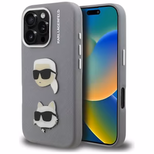 Karl Lagerfeld FW Grained Karl & Choupette Heads Pins Maciņš iPhone 16 Pro Max - pelēks