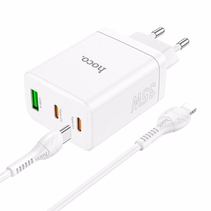 Lādētājs Hoco 2 x USB C + USB A QC3.0 PD 3A 35W N33 + Kabelis USB C uz Lightning N33 balts