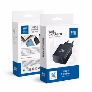 BLUE STAR lādētājs ceļojumiem ar USB-C un USB-A kontakti PD QC4.0 3A 25W TFB-TC-25WPD melns