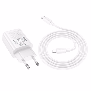 Viedtālruņa lādētājs Hoco USB A + USB C QC3.0 PD 3A 30W + kabelis USB C uz Lightning N63 balta