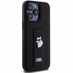 Karl Lagerfeld Gripstand Saffiano Choupette Pins viedtālruņa apvalks iPhone 13 Pro / 13 - melns
