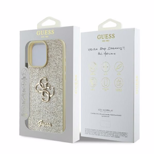 Guess Fiksētais Blizgus Lielais 4G apvalks viedtālrunim iPhone 16 Pro - zelts