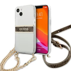 Guess GUHCP13SKC4GBGO iPhone 13 mini 5.4" caurspīdīgs cietais apvalks ar 4G brūnu siksniņu un zelta ķēdīti