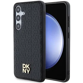 DKNY Ādas raksts metāla logotips MagSafe apvalks viedtālrunim Samsung Galaxy S24 - melns