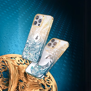 Luksusa iPhone 14 apvalks ar Kingxbar Phoenix kristāliem - zelta un zils