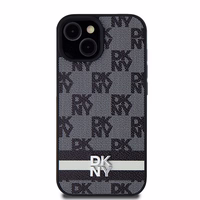 DKNY ādas rūtainais mono raksts un drukātas svītras viedtālruņa apvalks iPhone 15/14/13 - melns