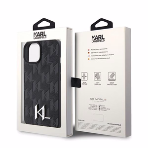 Karl Lagerfeld KLHCP15SPKLPKLK iPhone 15 / 14 / 13 6.1" melns/melns cietais apvalks Ādas monogramma karstais štancējums metāla logotips