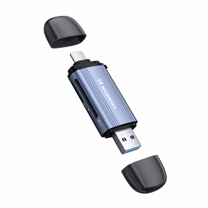 Pelēks alumīnija SD un microSD atmiņas karšu lasītājs Wozinsky WCR-5G ar USB-A 3.0 / USB-C 3.0