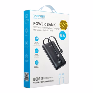 VEGER portatīvais lādētājs 10000 mAh ar iebūvētiem kabeļiem Type C / Lightning PD QC3.0 2A 22,5W C11 (W1170) melna