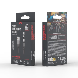 Maxlife MXUC-02 magnētiskais kabelis USB - Lightning + USB-C + microUSB 1,0 m 2A melns neilons