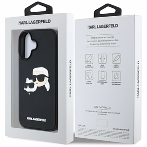 Karl Lagerfeld HC 3D gumijas dubultgalvu iPhone 16 viedtālruņa apvalks - melns