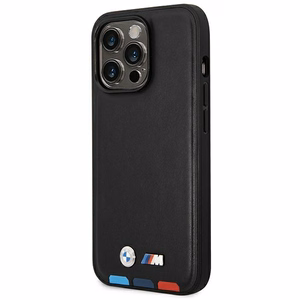 BMW BMHMP14X22PTDK iPhone 14 Pro Max 6.7 - melns ādas vāciņš ar trīskrāsainu zīmējumu MagSafe
