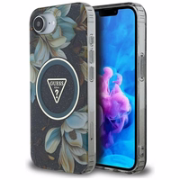 Guess IML Metal Glitter Flowers Triangle magnētiskais viedtālruņa apvalks iPhone 16e - melns