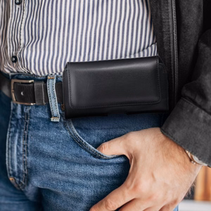 ROYAL universal horizontal leather belt holster size L for IPHONE 12 / 12 PRO / 13 / 13 PRO / 14 / 14 PRO / SAMSUNG S10 / S20 / S21 / A40 / HUAWEI P8 LITE / P30 / P40 / P9 LITE black