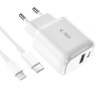 Tech-Protect C20W USB-C PD 20W / USB-A QC 3.0 lādētājs ar USB-C / Lightning kabeli - balts