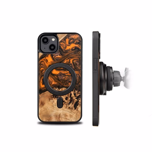 Koka un sveķu viedtālruņa apvalks iPhone 15 Plus Magnētiskais Bewood Unique Orange - oranža un melns