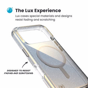 Speck Presidio Lux MagSafe vāciņš ierīcei iPhone 17 Pro, “Hyper Mirror Glitter / Silver Metallic” krāsā