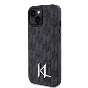 Karl Lagerfeld KLHCP15SPKLPKLK iPhone 15 / 14 / 13 6.1" melns/melns cietais apvalks Ādas monogramma karstais štancējums metāla logotips