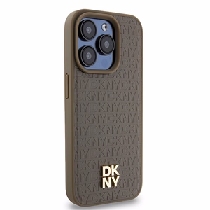 DKNY Ādas raksta metāla logotips Magnētiskais viedtālruņa apvalks iPhone 15 Pro Max - brūns