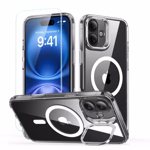 ESR Classic Hybrid Kickstand Halolock MagSafe Viedtālruņa apvalka komplekts + Aizsargstikls iPhone 16 Plus – caurspīdīgs