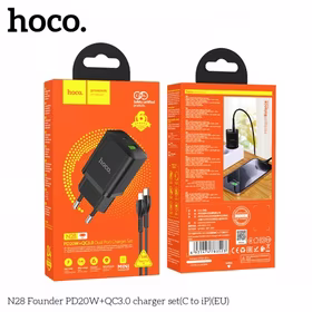 Lādētājs Hoco "N28" Melns (PD20W / QC3.0) + "Type-C / Lightning" 100cm kabelis