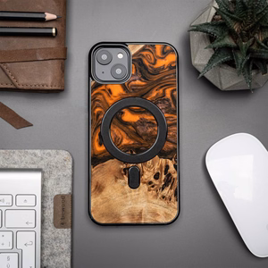 Koka un sveķu viedtālruņa apvalks iPhone 15 Plus Magnētiskais Bewood Unique Orange - oranža un melns