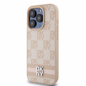 DKNY Ādas rūtainais mono raksts un drukātās svītras viedtālruņa apvalks iPhone 15 Pro - rozā
