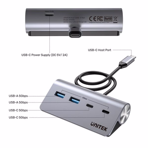 UNITEK alumīnija USB-C sadalītājs 2x USB-A 2x USB-C 5Gbps