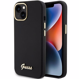 Guess silikona viedtālruņa apvalks ar metāla logo un rāmi iPhone 15 - melns
