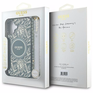 Guess IML Flowers Allover Electro With Pearl Strap MagSafe viedtālruņa apvalks iPhone 16 - zaļš