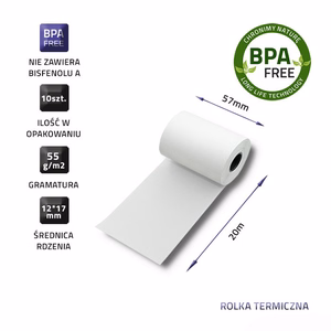 Qoltec 51896 – termopapīra ruļļi bez BPA, 57×20 mm, 55 g/m², 10 gab.