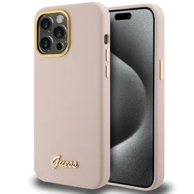 Guess Silicone Script Metal Logo & Frame viedtālruņa apvalks iPhone 15 Pro - rozā