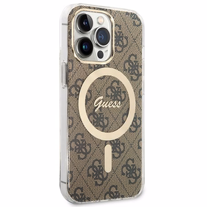 Komplekts Guess GUBPP13LH4EACSW vāciņš + lādētājs iPhone 13 Pro brūns cietais vāciņš ar 4G rakstu Magnētiskais
