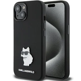 Karl Lagerfeld silikona Choupette Metal Pin viedtālruņa apvalks iPhone 15 Plus / 14 Plus - melns