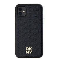 DKNY ādas monogrammas raksts metāla logotips magnētiskais viedtālruņa apvalks iPhone 11 / Xr - melns