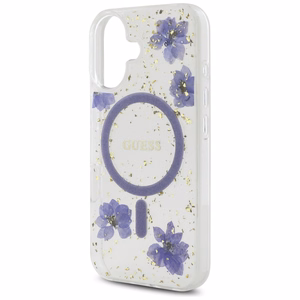 Guess Resin Flowers Glitter MagSafe iPhone 16 viedtālruņa apvalks (m) - violets